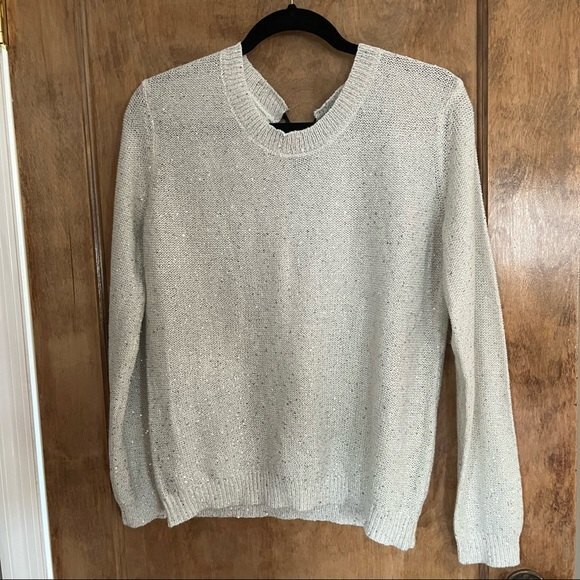 a.n.a Ana Womens Misses Gray Metallic Sequin Bow Tie Back Sweater - Picture 1 of 10